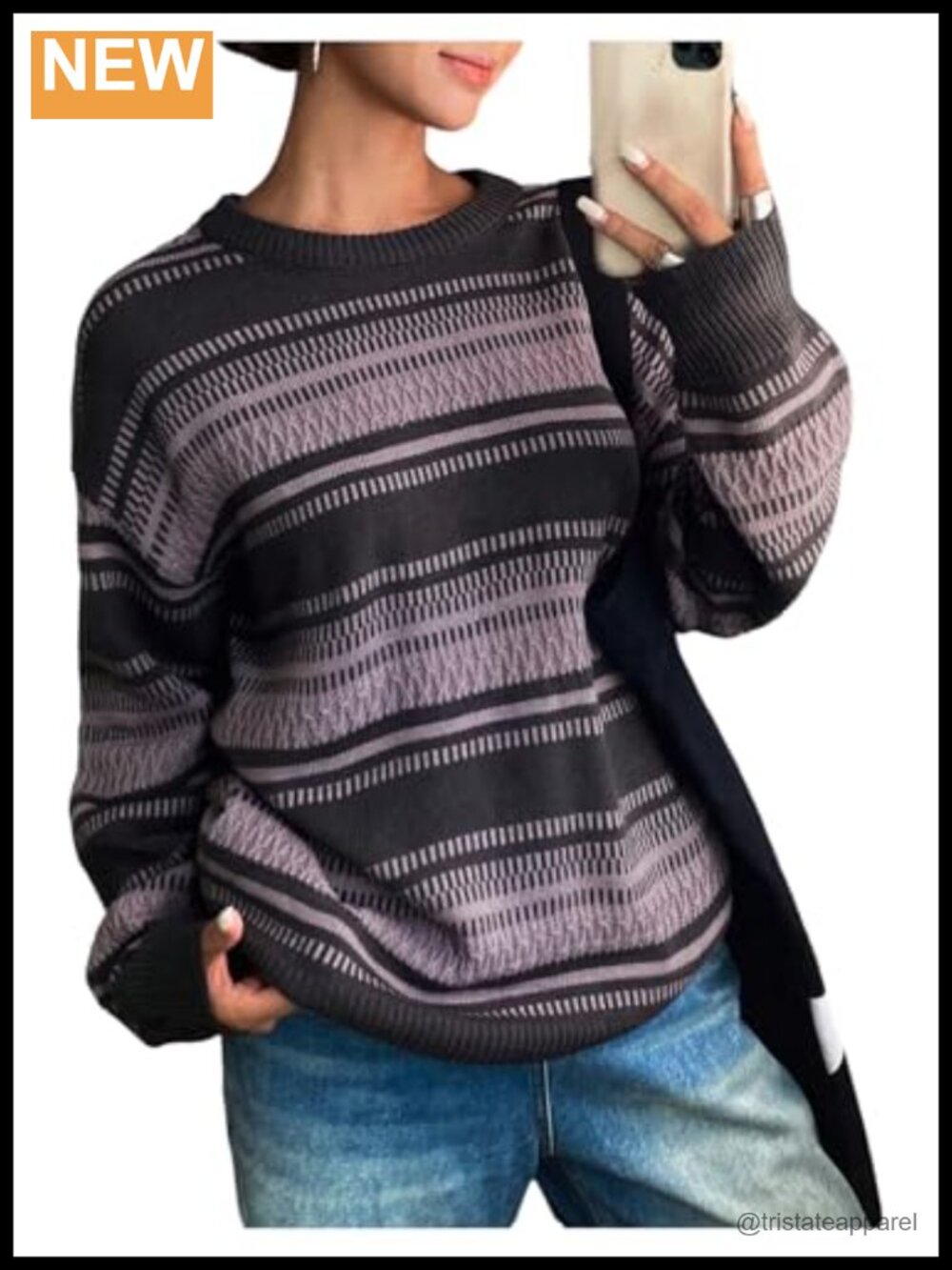 Striped Knit Pullover Sweater Long Sleeve Loose Fit Oversize Women Top
